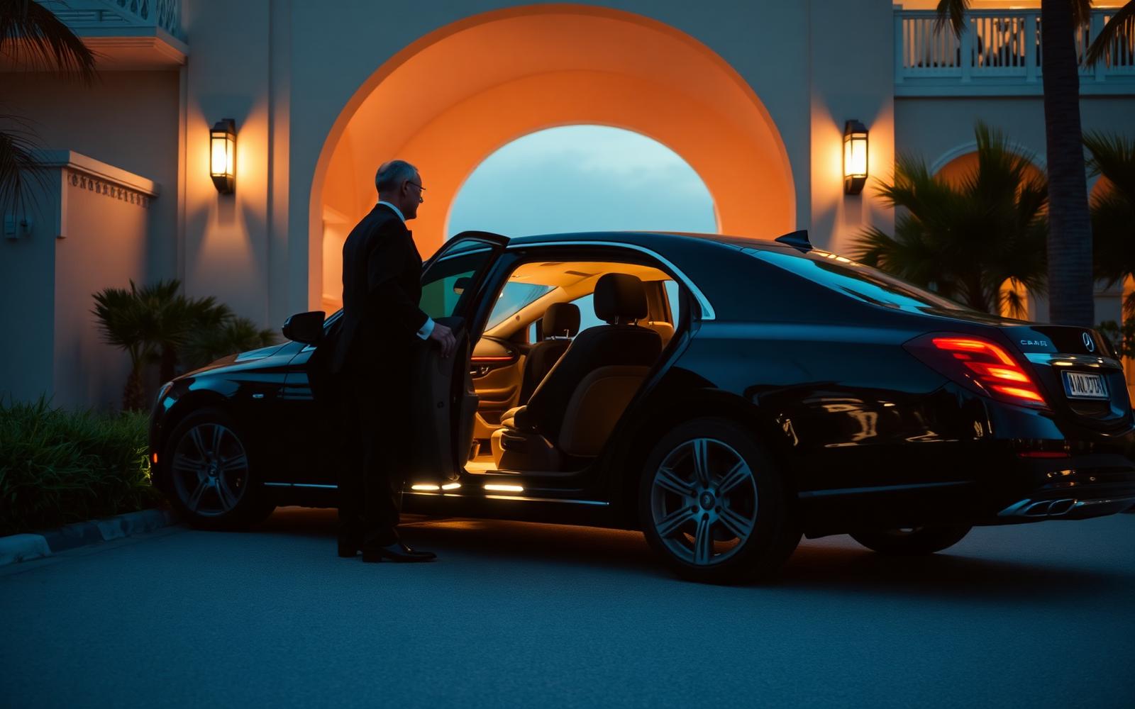 Chauffeur opening luxury sedan door at Bahamas resort