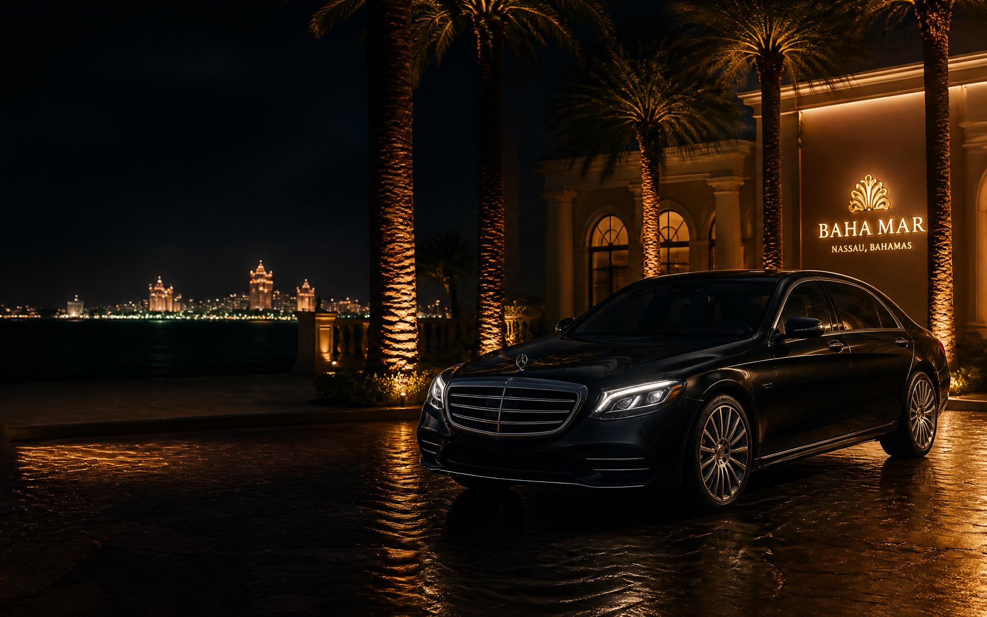 Luxury black sedan at Baha Mar resort in Nassau, Bahamas at night